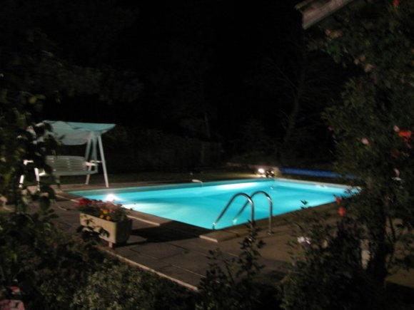 vue nocture du jardin avec piscine allumee de l'annexe