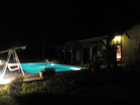 vue nocture du jardin avec piscine allumee de l'annexe